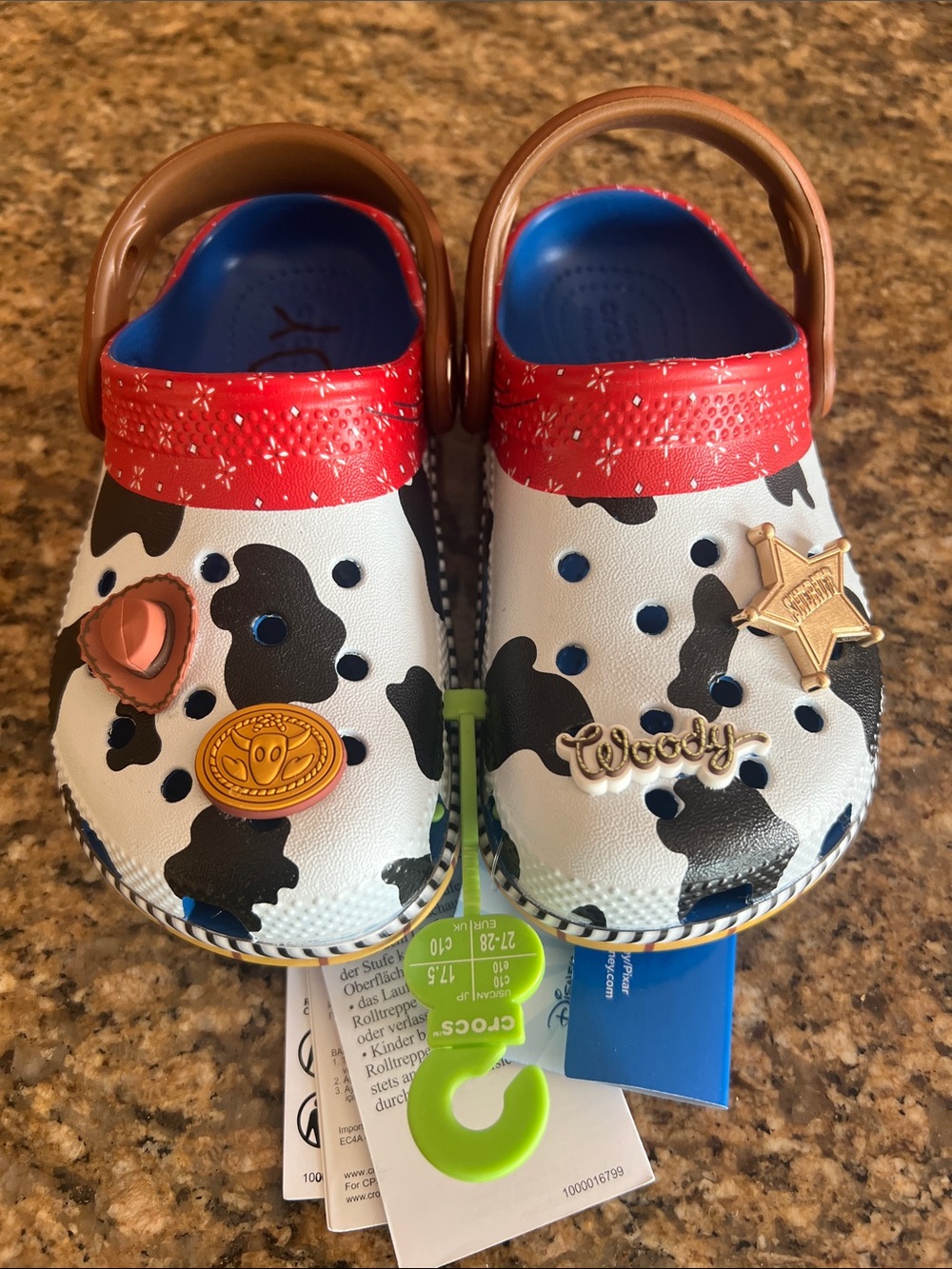 NWT CROCS Kids Toy Story Cow-Print Clog with Red Accent and Blue Insole